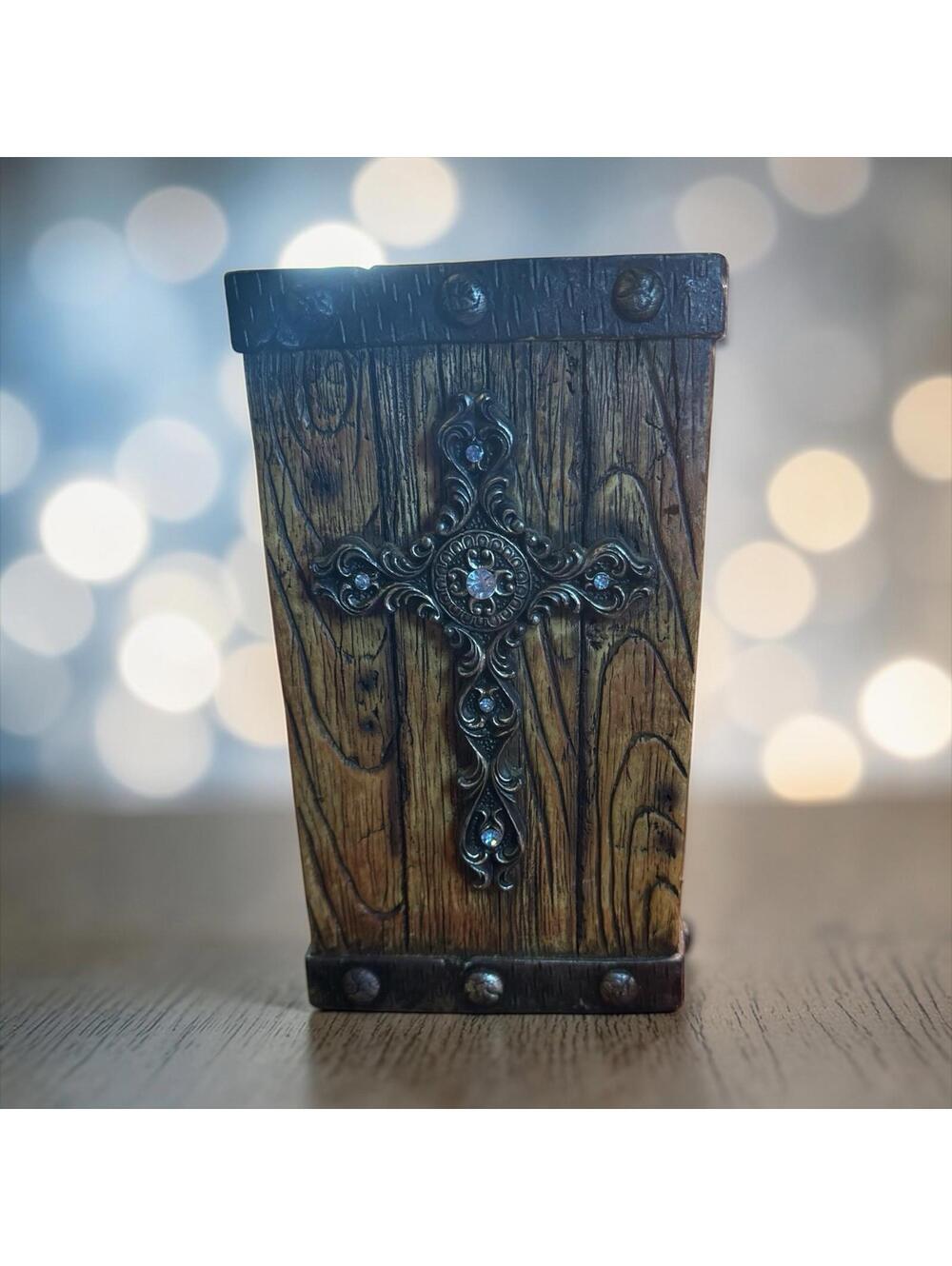 Rustic Resin Cross 9" tall Pillar Candle Holder Wood-Look Rectangle